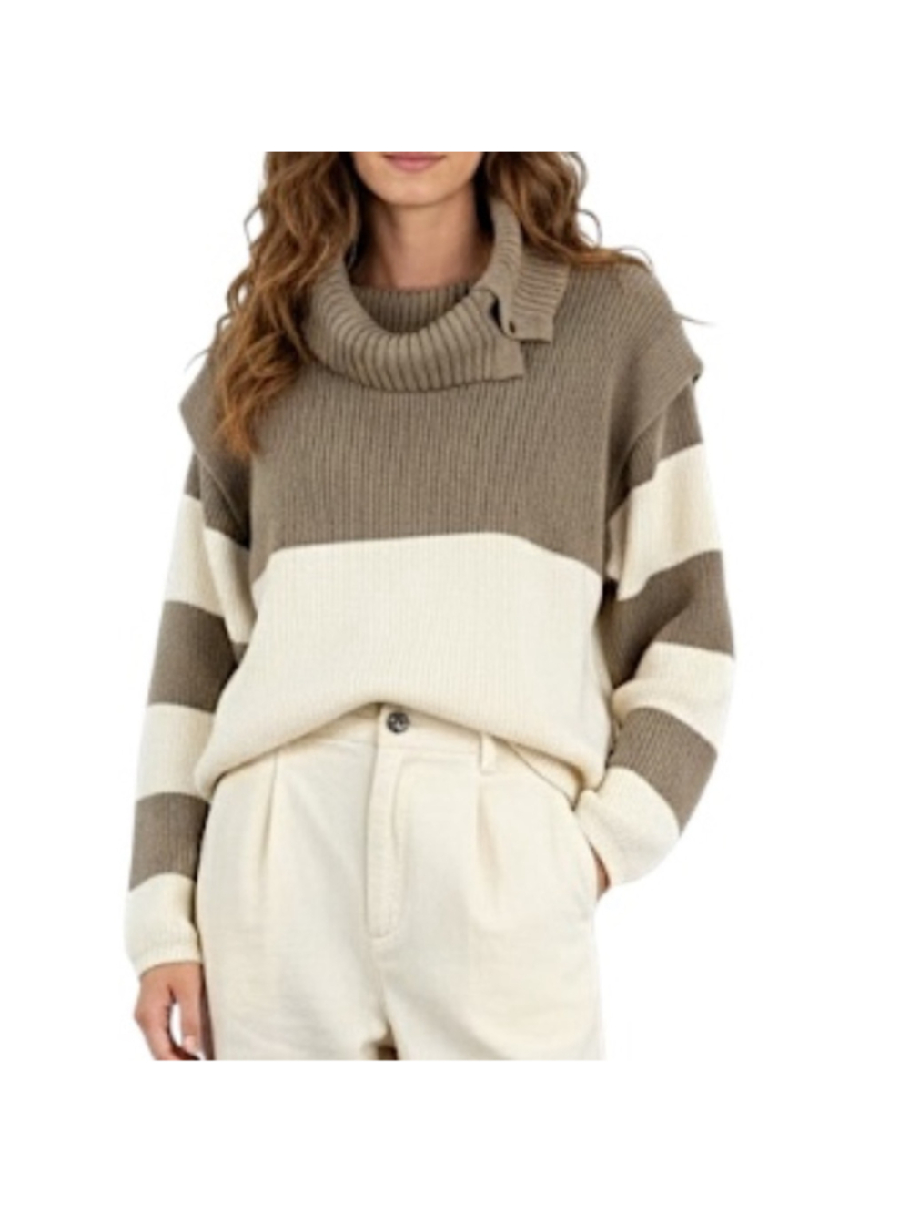 Vintage 80s 90s Eaton Italian made taupe brown cream stripe roll neck sweater M